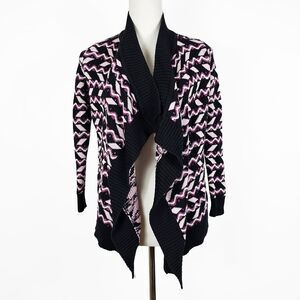 Design History Medium Open Cardigan Pink Purple Black Geometric Sweater